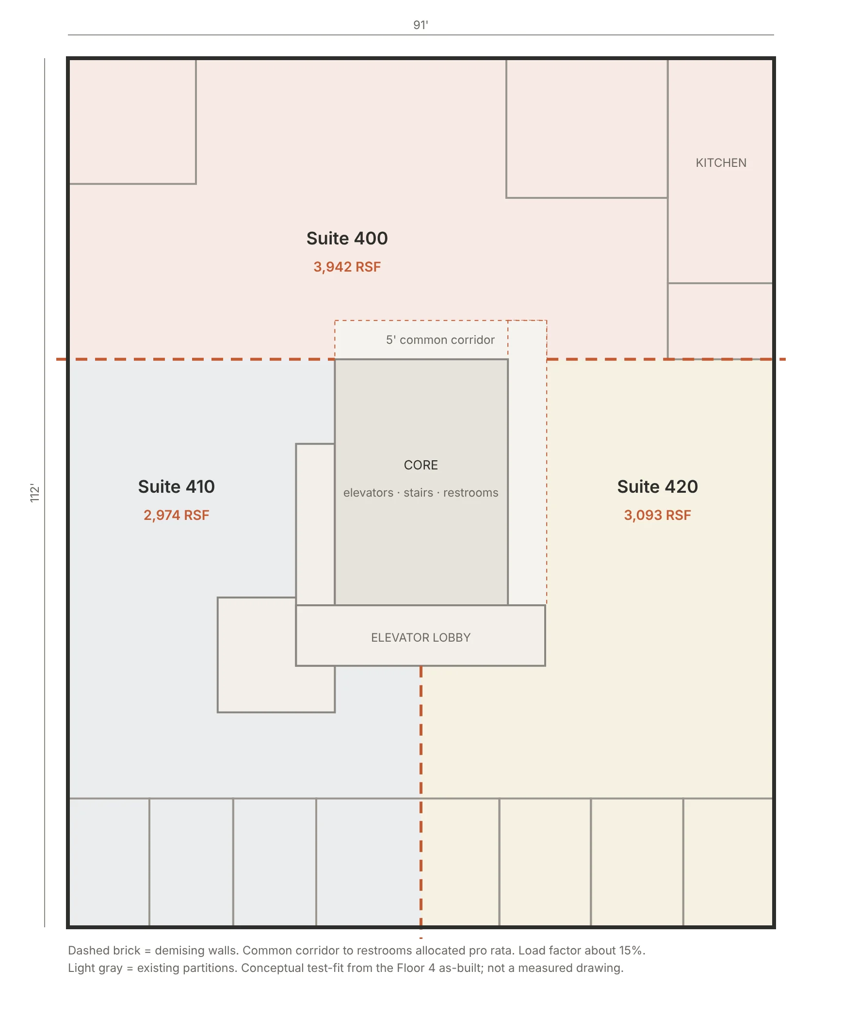 Floor 4 divided into a north suite with the kitchen and two south suites