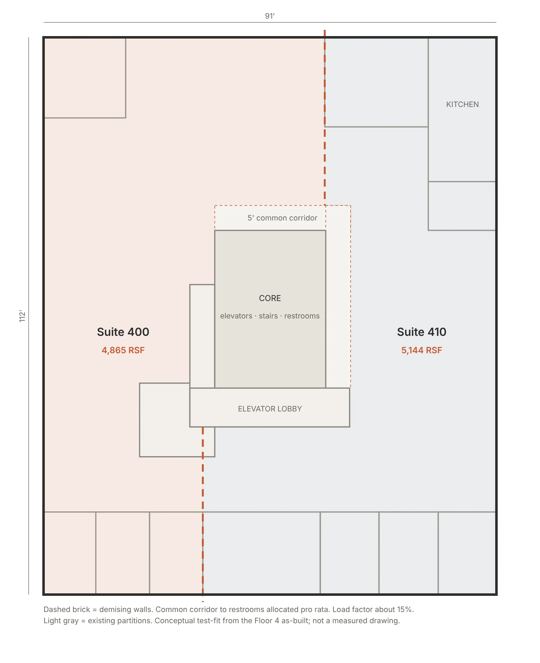 Floor 4 divided into a west suite and an east suite that includes the kitchen