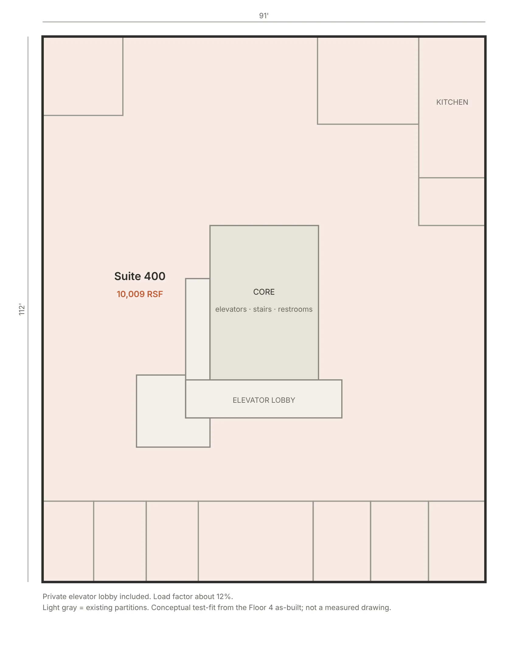 Floor 4 whole-floor plan on the as-built: open plan around the core, kitchen in the northeast corner, offices along the south wall