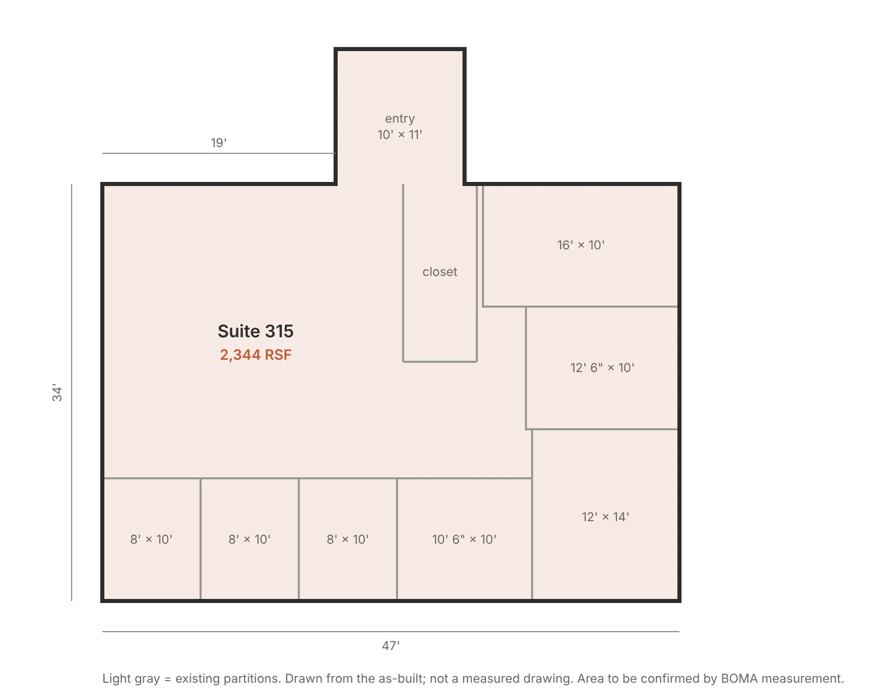 Suite 315 plan: a 47 by 34 foot suite with an entry vestibule, four offices along the south wall, three offices on the east wall, and an open area