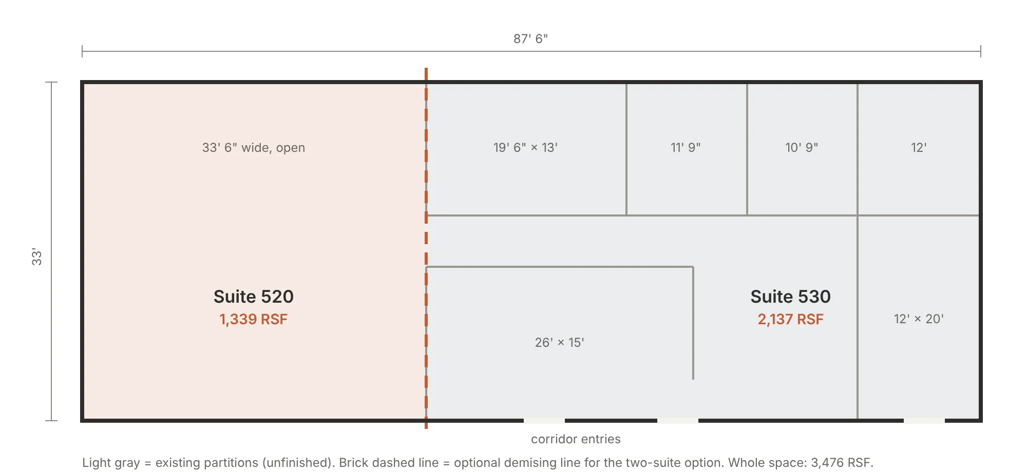 Suite 520 as-built plan: an 87 foot 6 inch by 33 foot rectangle with existing partitions and an optional demising line 33 feet 6 inches from the left